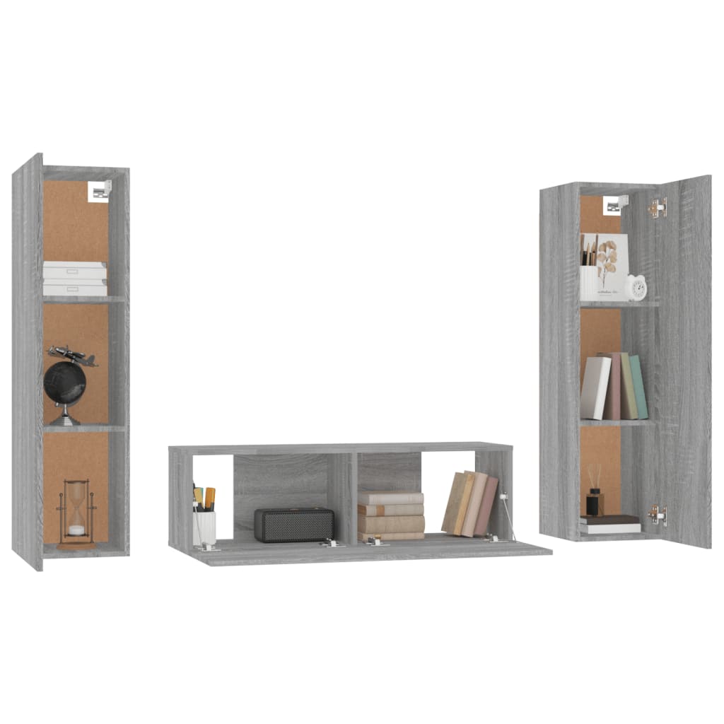 vidaXL Set dulap TV, 3 piese, gri sonoma, lemn prelucrat vidaXL Set dulap TV, 3 piese, gri sonoma, lemn prelucrat