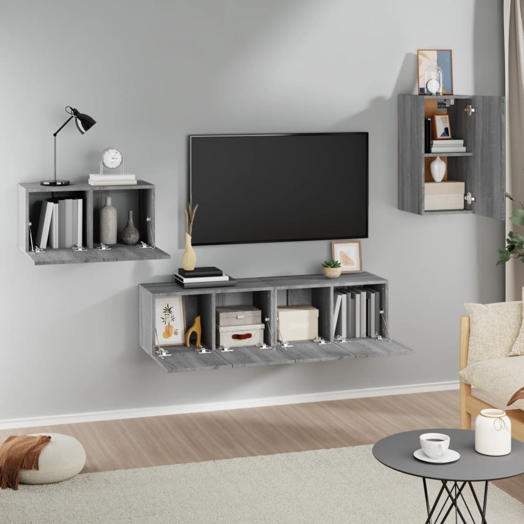 vidaXL Set dulapuri TV, 4 piese, gri sonoma, lemn prelucrat vidaXL Set dulapuri TV, 4 piese, gri sonoma, lemn prelucrat