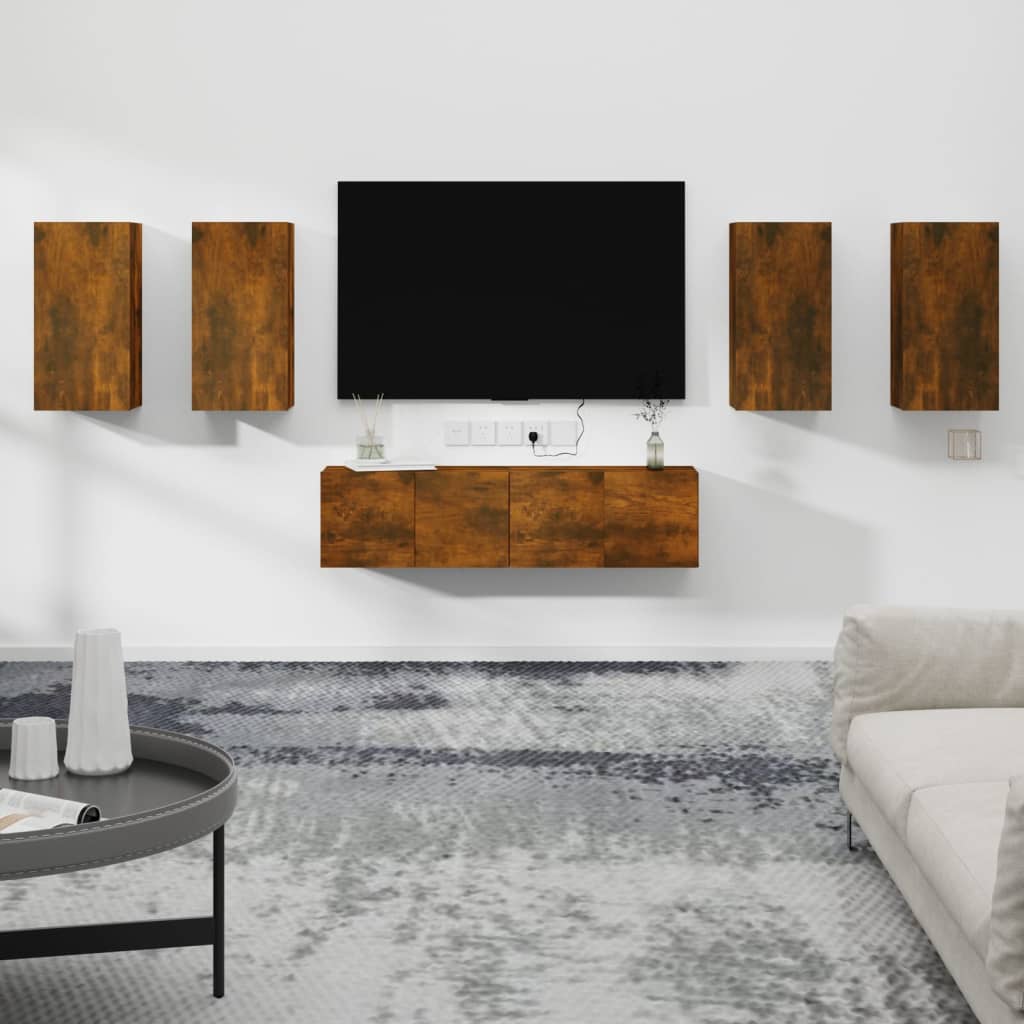 vidaXL Set dulapuri TV, 6 piese, stejar fumuriu, lemn prelucrat
