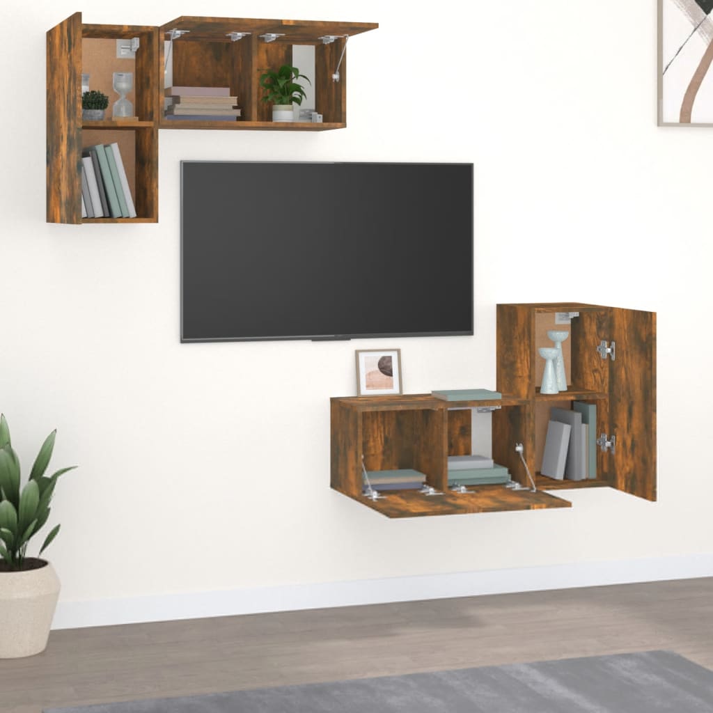 vidaXL Set dulapuri TV, 4 piese, stejar fumuriu, lemn prelucrat
