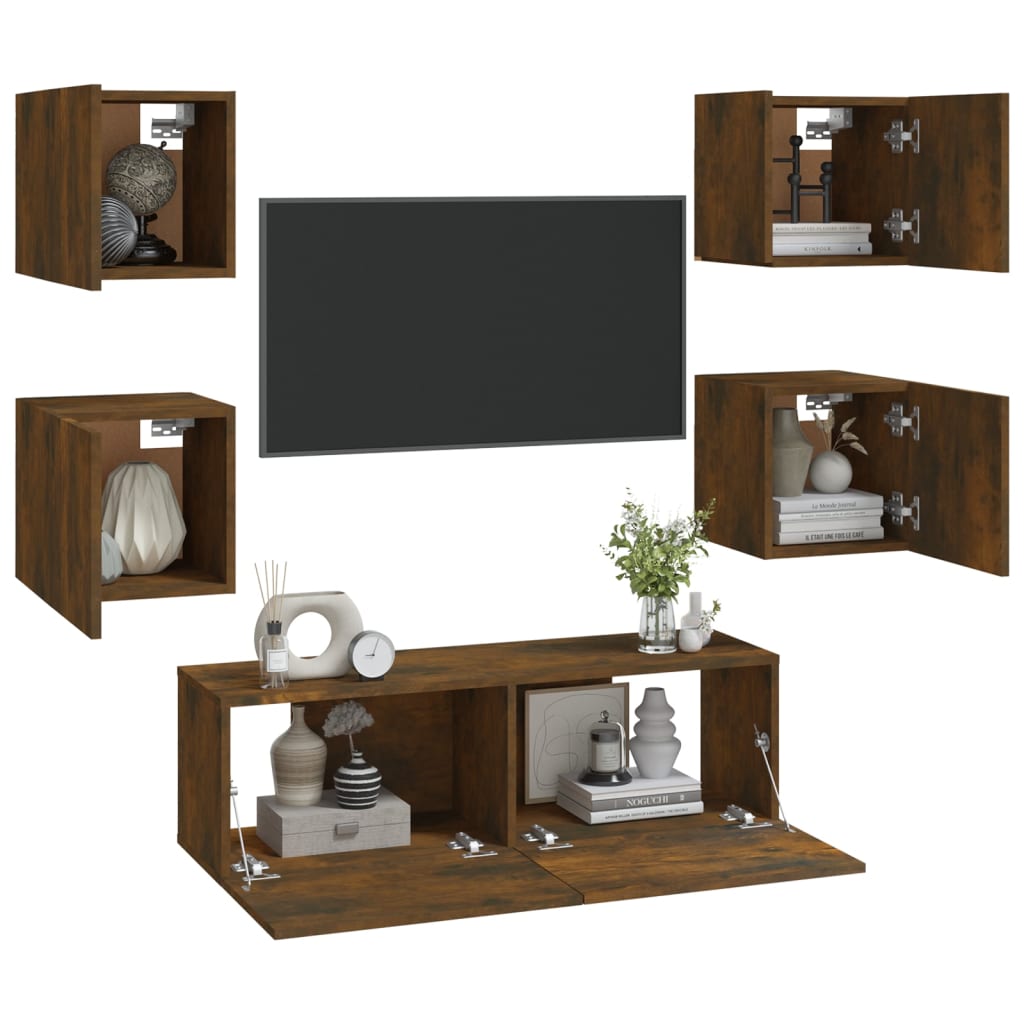 vidaXL Set dulap TV montat pe perete, stejar afumat, lemn prelucrat vidaXL Set dulap TV montat pe perete, stejar afumat, lemn prelucrat