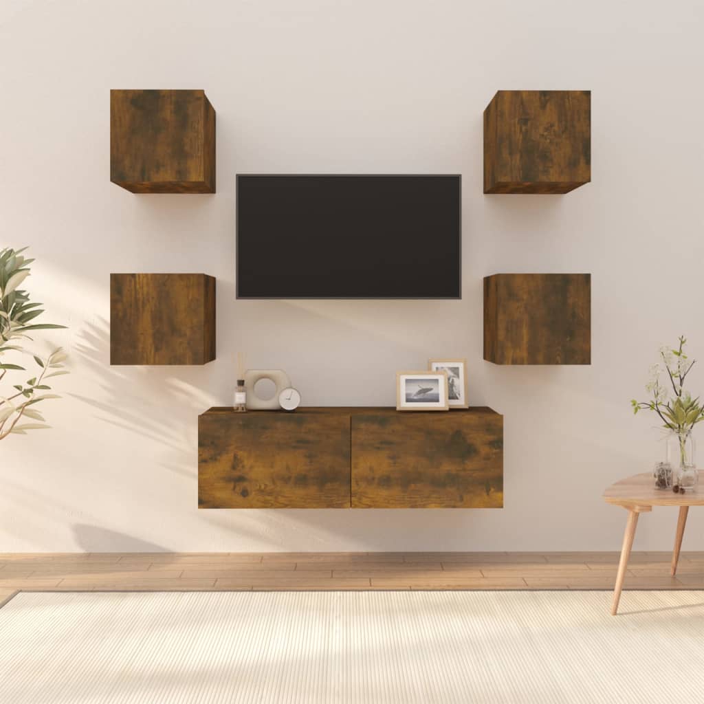 vidaXL Set dulap TV montat pe perete, stejar afumat, lemn prelucrat vidaXL Set dulap TV montat pe perete, stejar afumat, lemn prelucrat
