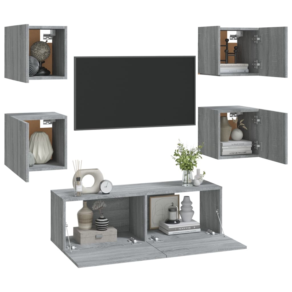 vidaXL Set dulap TV montat pe perete, gri sonoma, lemn prelucrat vidaXL Set dulap TV montat pe perete, gri sonoma, lemn prelucrat