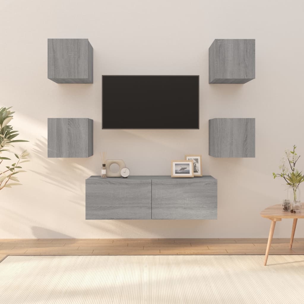 vidaXL Set dulap TV montat pe perete, gri sonoma, lemn prelucrat vidaXL Set dulap TV montat pe perete, gri sonoma, lemn prelucrat