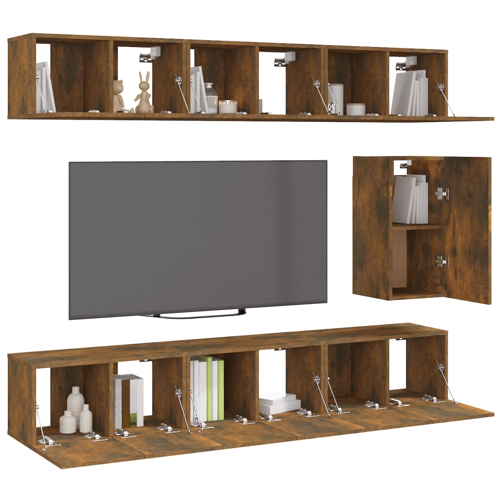 vidaXL Set comodă TV, 7 piese, stejar fumuriu, lemn compozit vidaXL Set comodă TV, 7 piese, stejar fumuriu, lemn compozit