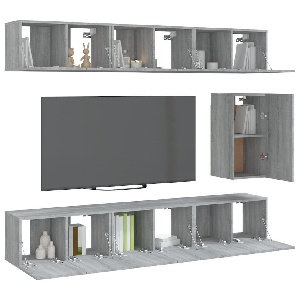 vidaXL Set comode TV, 7 piese, gri sonoma, lemn compozit vidaXL Set comode TV, 7 piese, gri sonoma, lemn compozit