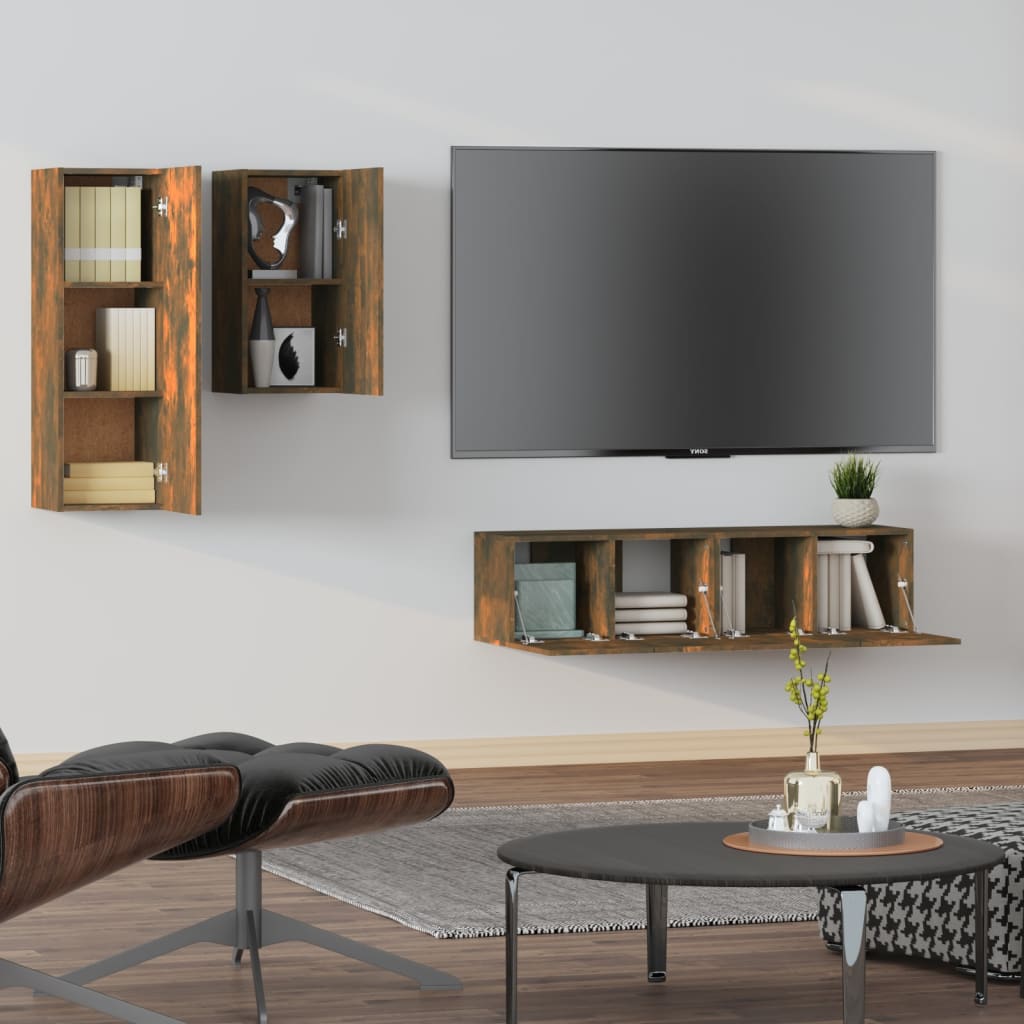 vidaXL Set dulapuri TV, 4 piese, stejar fumuriu, lemn prelucrat