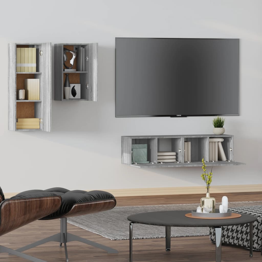 vidaXL Set dulapuri TV, 4 piese, gri sonoma, lemn prelucrat vidaXL Set dulapuri TV, 4 piese, gri sonoma, lemn prelucrat