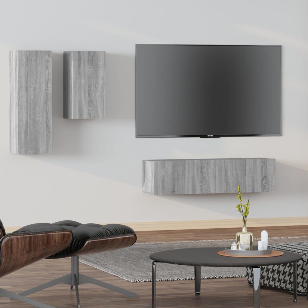 vidaXL Set dulapuri TV, 4 piese, gri sonoma, lemn prelucrat vidaXL Set dulapuri TV, 4 piese, gri sonoma, lemn prelucrat