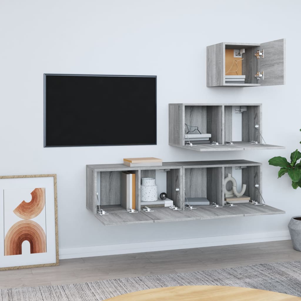 vidaXL Set dulapuri TV, 4 piese, gri sonoma, lemn prelucrat vidaXL Set dulapuri TV, 4 piese, gri sonoma, lemn prelucrat