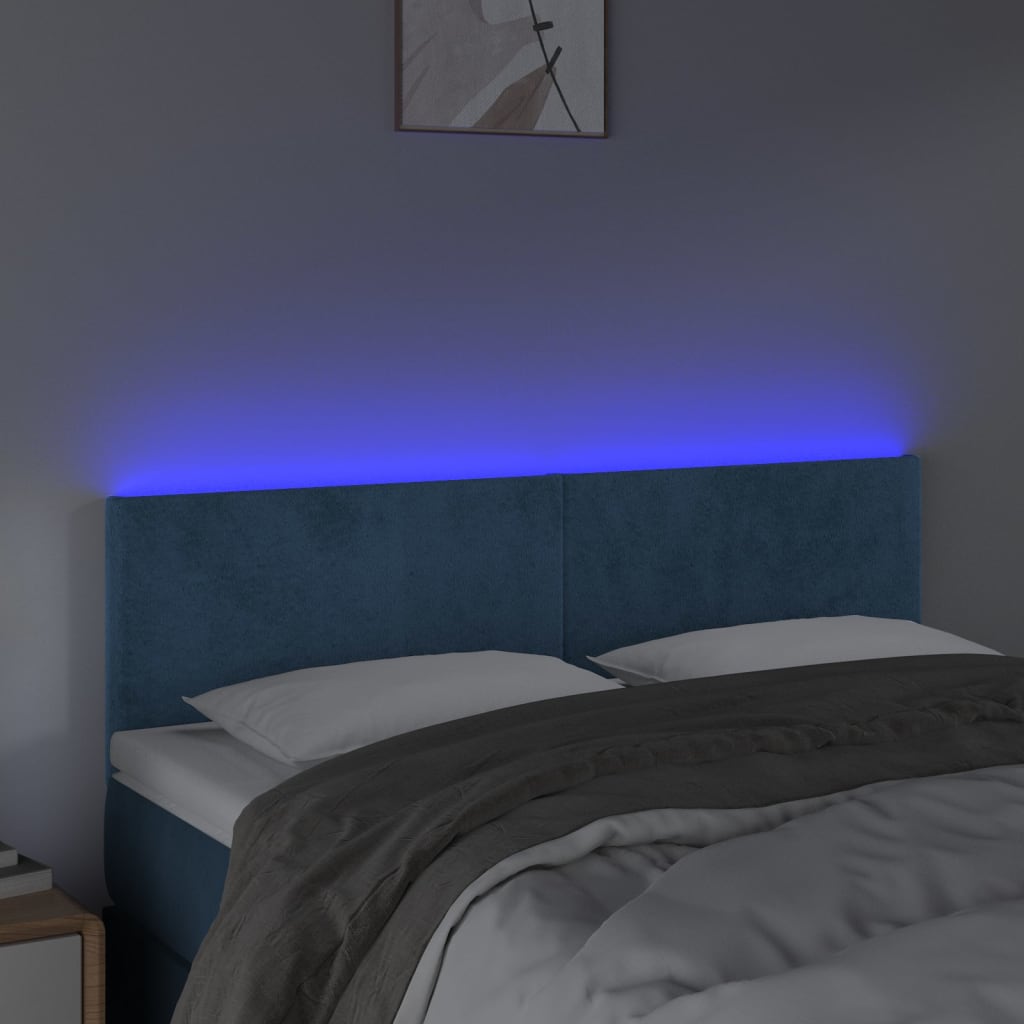 vidaXL Tăblie de pat cu LED, albastru închis, 144x5x78/88 cm, catifea