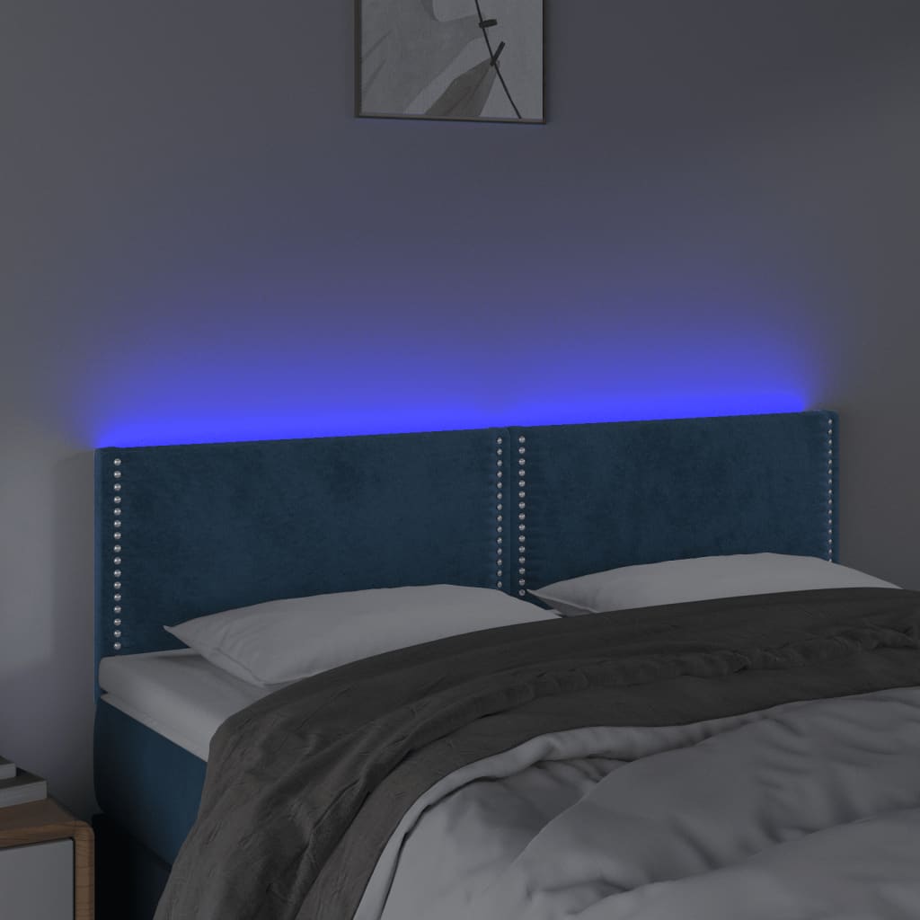 vidaXL Tăblie de pat cu LED, albastru închis, 144x5x78/88 cm, catifea