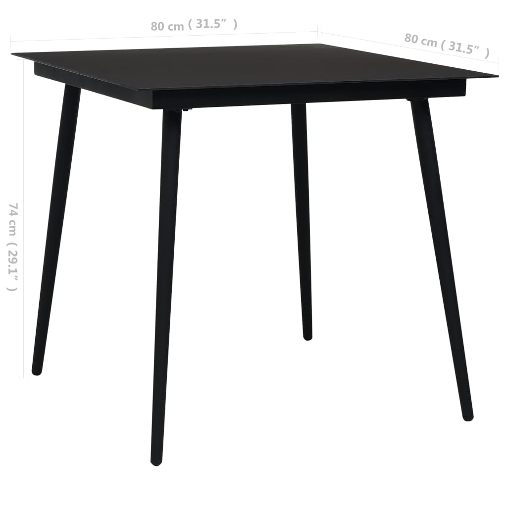 vidaXL Masă de grădină, negru, 80 x 80 x 74 cm, oțel și sticlă