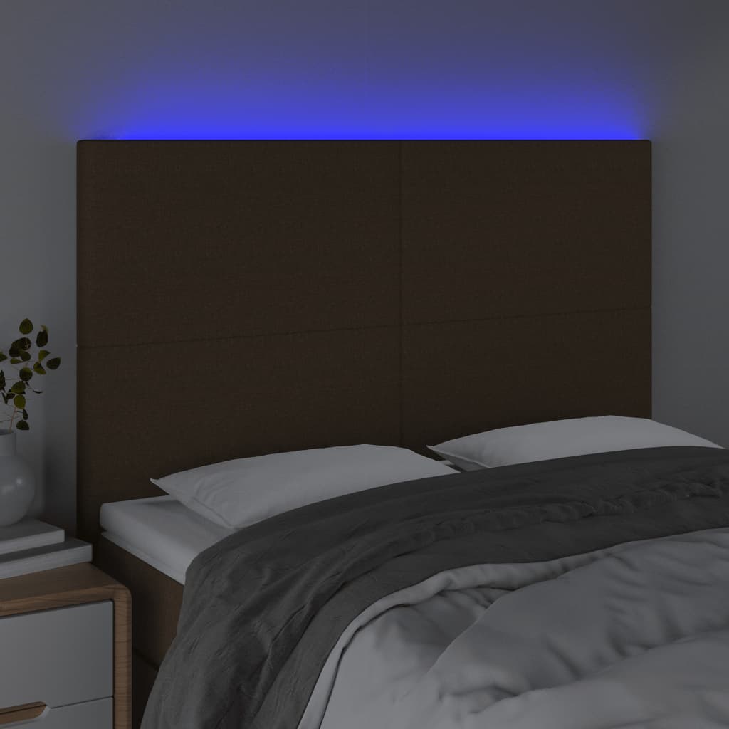 vidaXL Tăblie de pat cu LED, maro închis, 144x5x118/128 cm, textil vidaXL Tăblie de pat cu LED, maro închis, 144x5x118/128 cm, textil