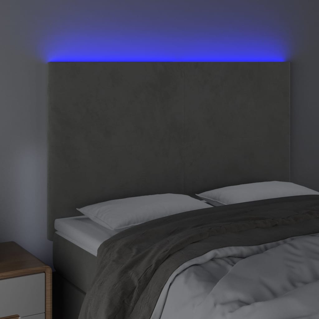 vidaXL Tăblie de pat cu LED, gri deschis, 144x5x118/128 cm, catifea