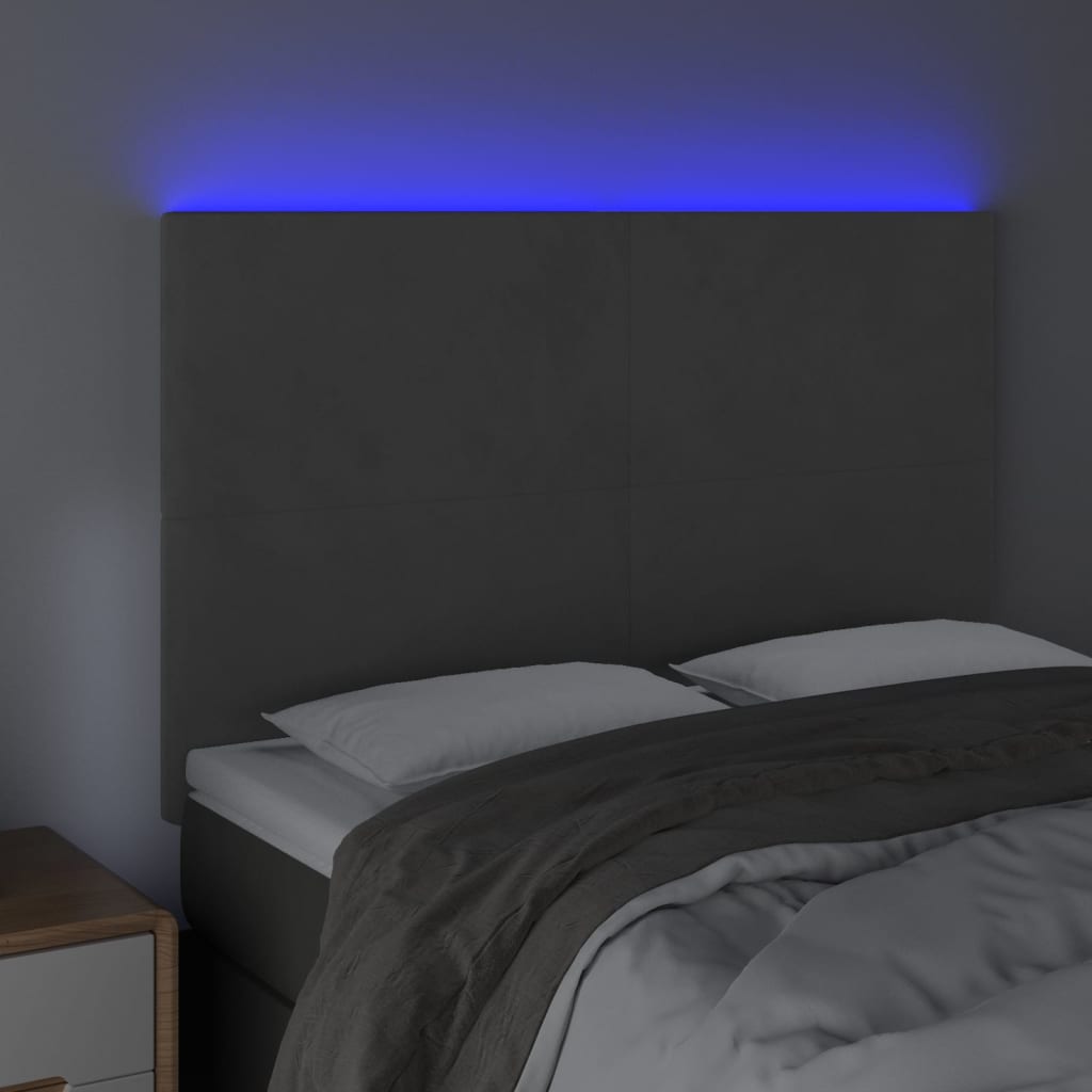 vidaXL Tăblie de pat cu LED, gri închis, 144x5x118/128 cm, catifea vidaXL Tăblie de pat cu LED, gri închis, 144x5x118/128 cm, catifea