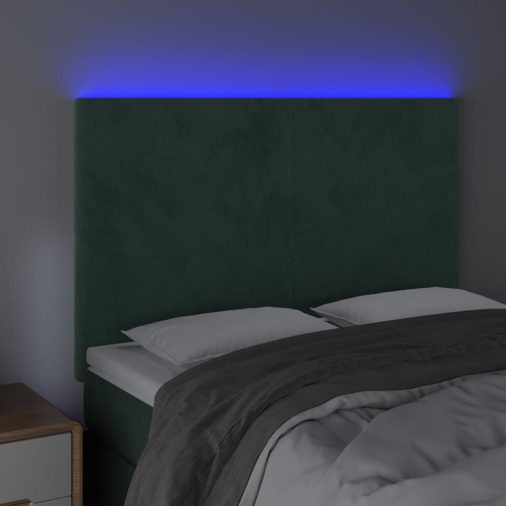 vidaXL Tăblie de pat cu LED, verde închis, 144x5x118/128 cm, catifea