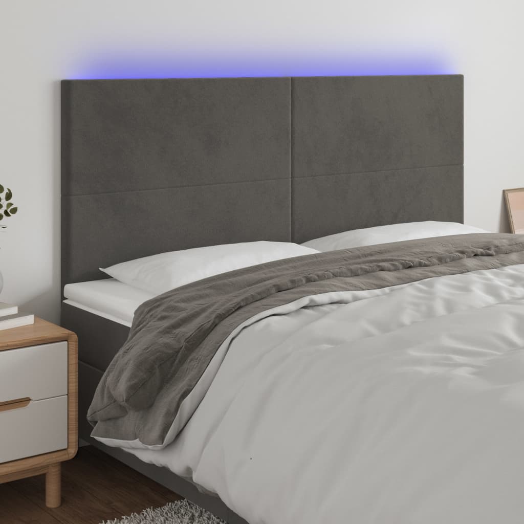 vidaXL Tăblie de pat cu LED, gri închis, 160x5x118/128 cm, catifea vidaXL Tăblie de pat cu LED, gri închis, 160x5x118/128 cm, catifea