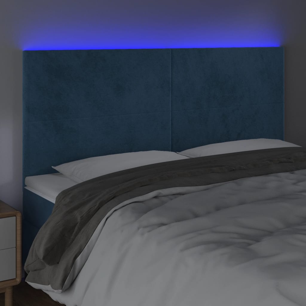 vidaXL Tăblie de pat cu LED, albastru închis, 160x5x118/128cm, catifea