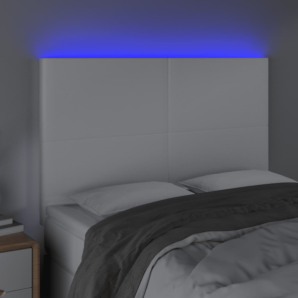 vidaXL Tăblie de pat cu LED, alb, 144x5x118/128 cm, piele ecologică vidaXL Tăblie de pat cu LED, alb, 144x5x118/128 cm, piele ecologică