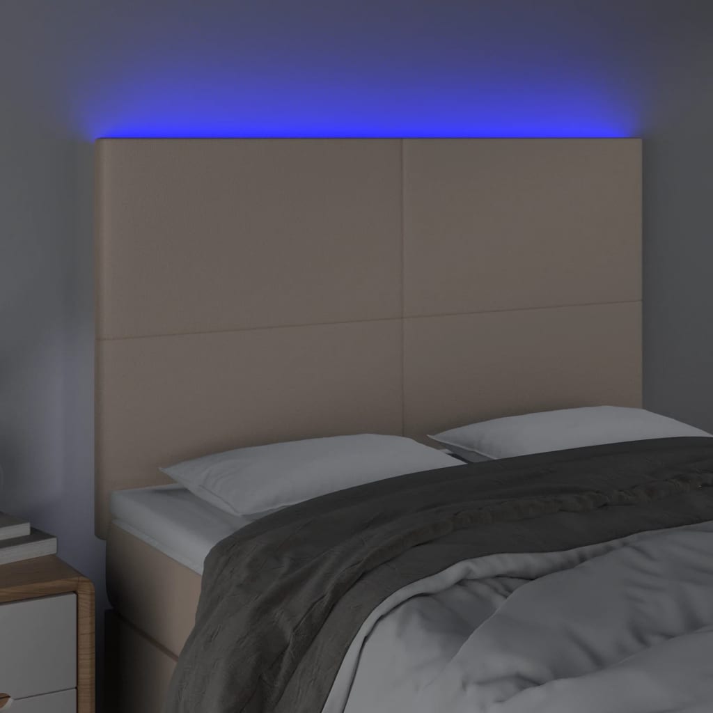 vidaXL Tăblie de pat cu LED, cappuccino, 144x5x118/128 cm, piele eco