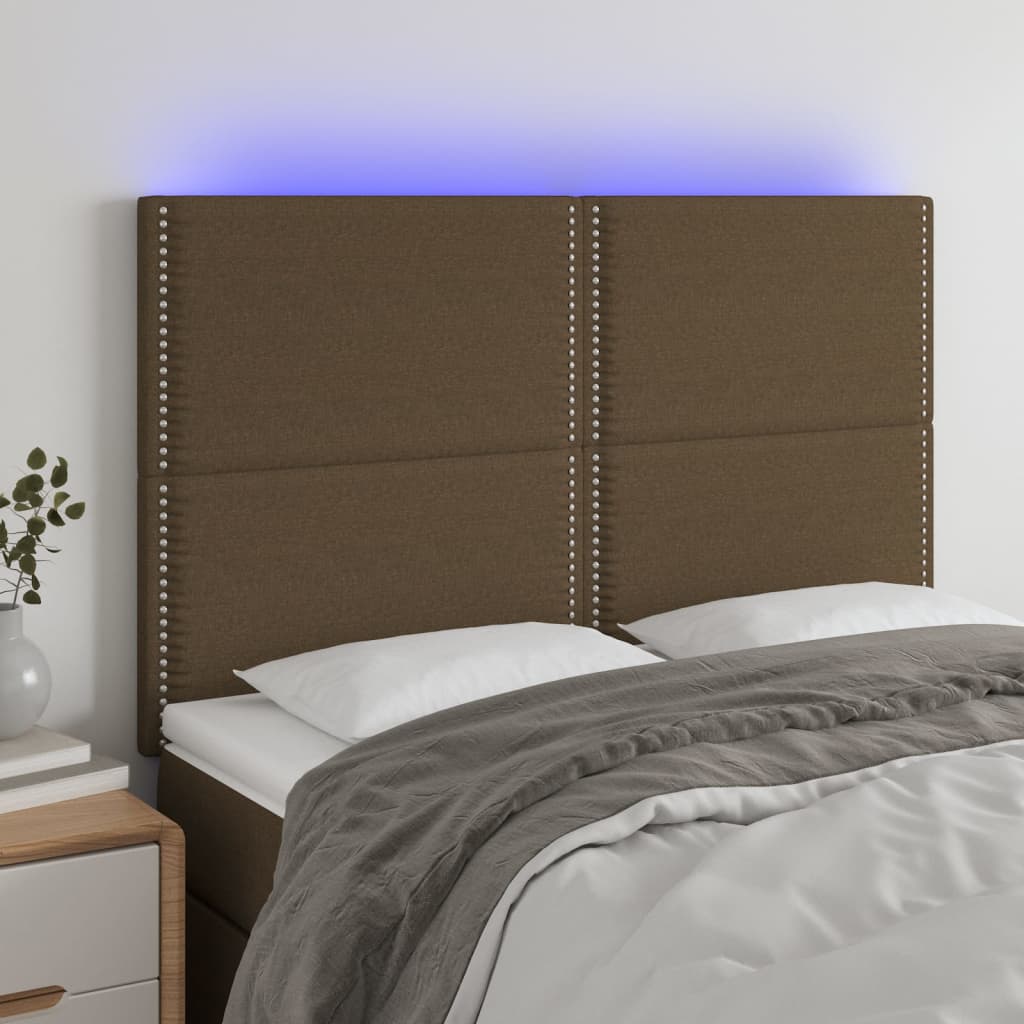 vidaXL Tăblie de pat cu LED, maro închis, 144x5x118/128 cm, textil vidaXL Tăblie de pat cu LED, maro închis, 144x5x118/128 cm, textil