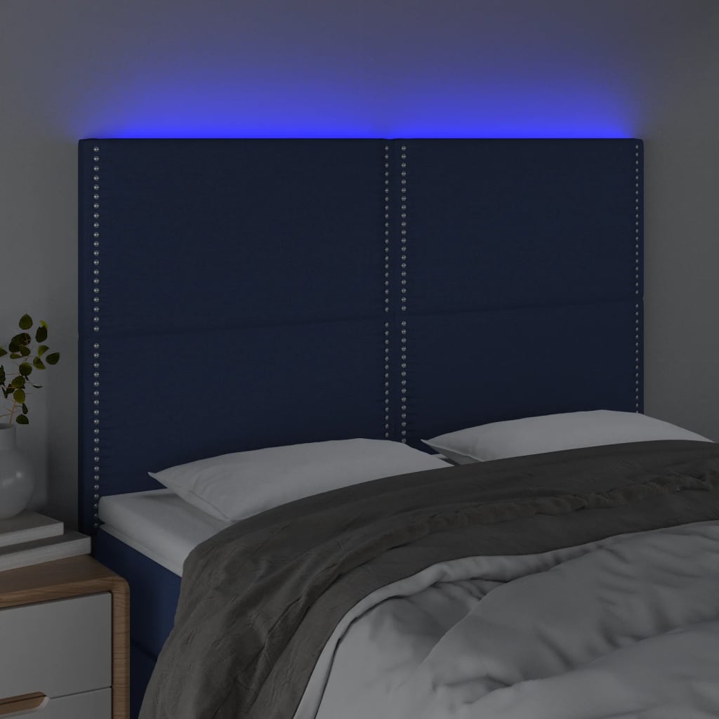 vidaXL Tăblie de pat cu LED, albastru, 144x5x118/128 cm, textil vidaXL Tăblie de pat cu LED, albastru, 144x5x118/128 cm, textil