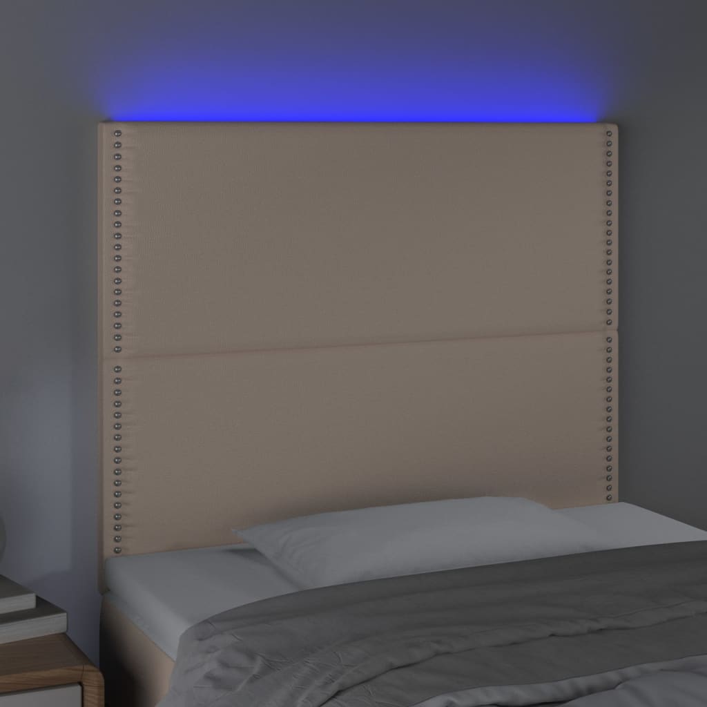 vidaXL Tăblie de pat cu LED cappuccino 90x5x118/128cm, piele ecologică vidaXL Tăblie de pat cu LED cappuccino 90x5x118/128cm, piele ecologică