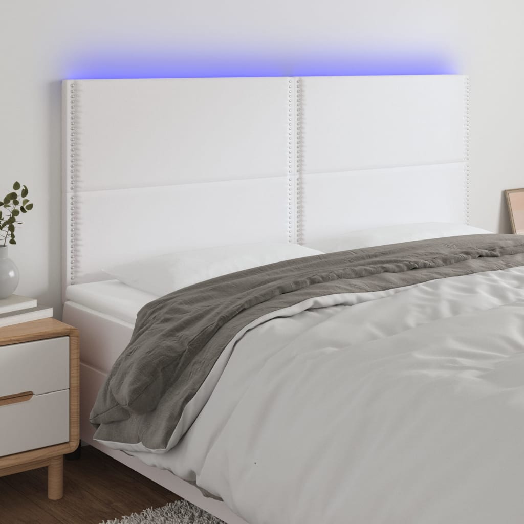 vidaXL Tăblie cu LED-uri, alb, 160x5x118/128 cm, piele ecologică vidaXL Tăblie cu LED-uri, alb, 160x5x118/128 cm, piele ecologică