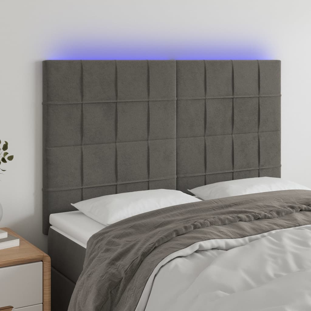 vidaXL Tăblie de pat cu LED, gri închis, 144x5x118/128 cm, catifea vidaXL Tăblie de pat cu LED, gri închis, 144x5x118/128 cm, catifea