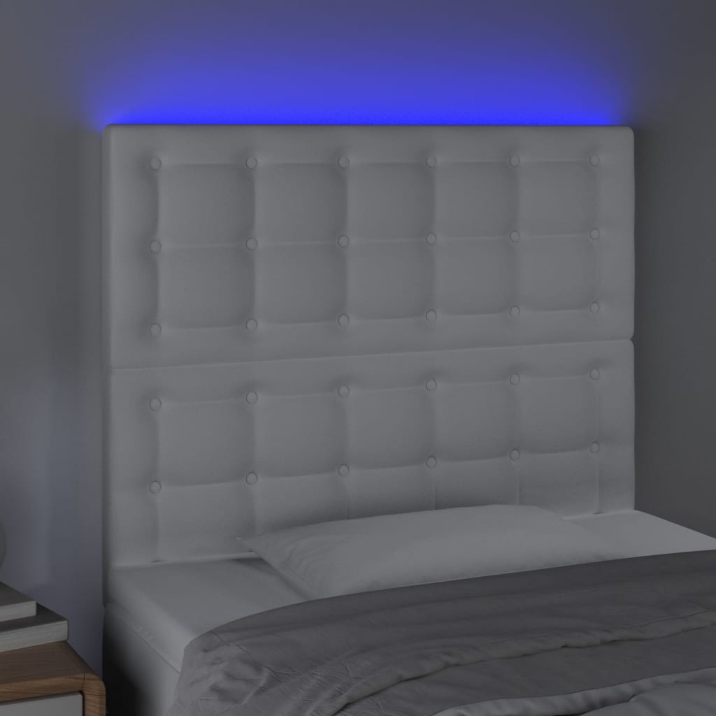 vidaXL Tăblie de pat cu LED, alb, 100x5x118/128 cm, piele ecologică vidaXL Tăblie de pat cu LED, alb, 100x5x118/128 cm, piele ecologică