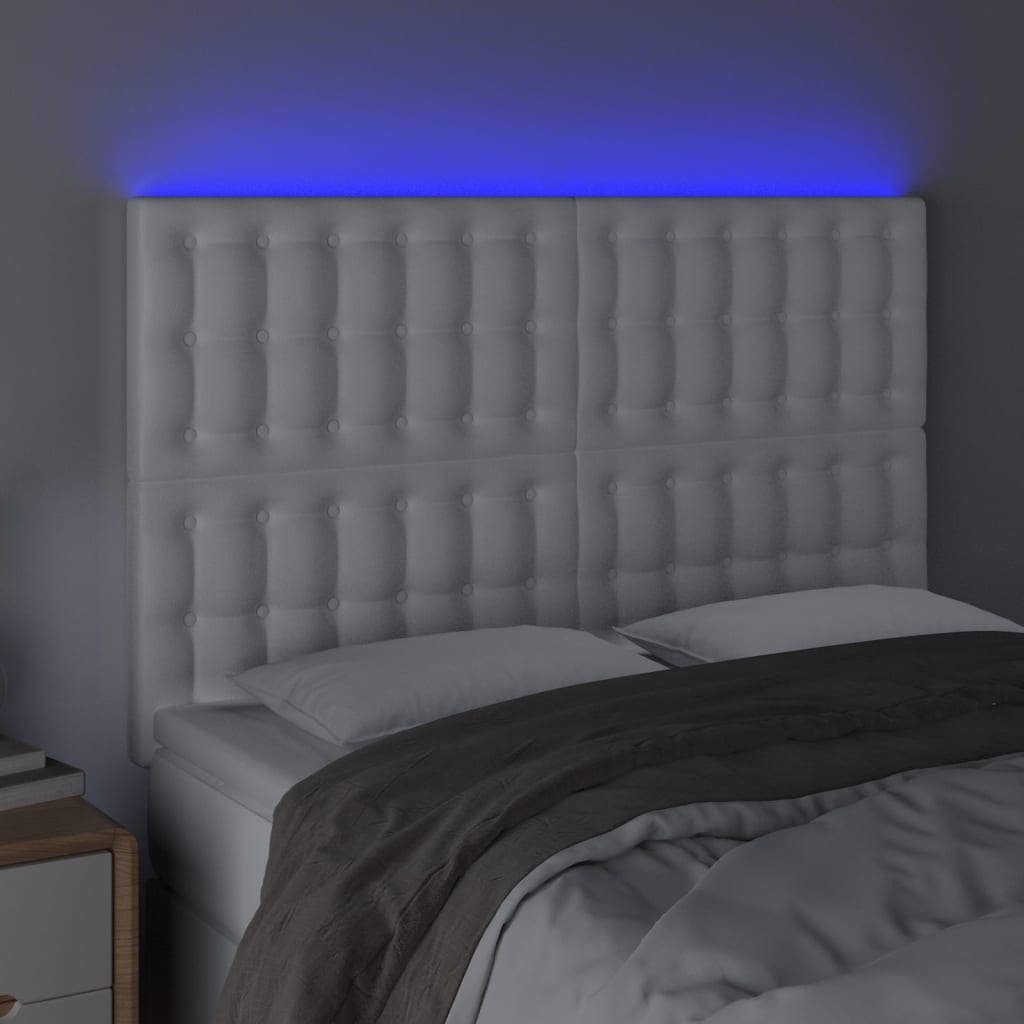 vidaXL Tăblie de pat cu LED, alb, 144x5x118/128 cm, piele ecologică vidaXL Tăblie de pat cu LED, alb, 144x5x118/128 cm, piele ecologică