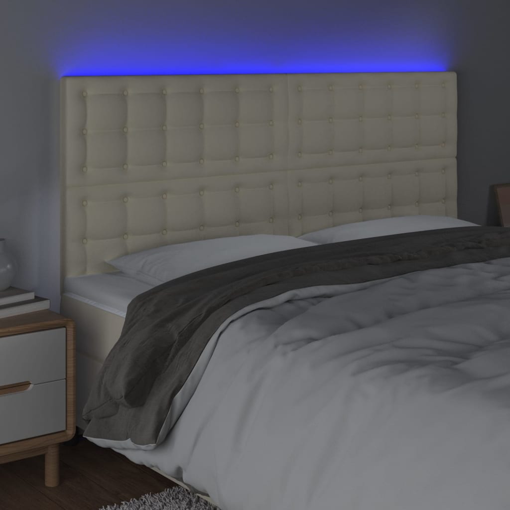 vidaXL Tăblie cu LED-uri, crem, 160x5x118/128 cm, piele ecologică