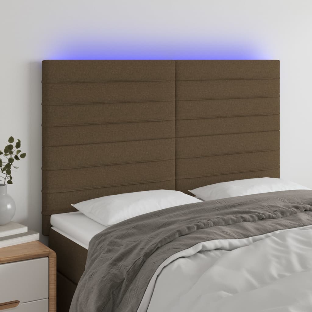vidaXL Tăblie de pat cu LED, maro închis, 144x5x118/128 cm, textil vidaXL Tăblie de pat cu LED, maro închis, 144x5x118/128 cm, textil