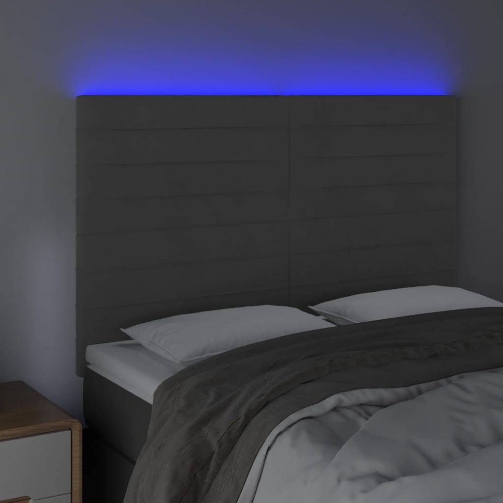 vidaXL Tăblie de pat cu LED, gri închis, 144x5x118/128 cm, catifea vidaXL Tăblie de pat cu LED, gri închis, 144x5x118/128 cm, catifea