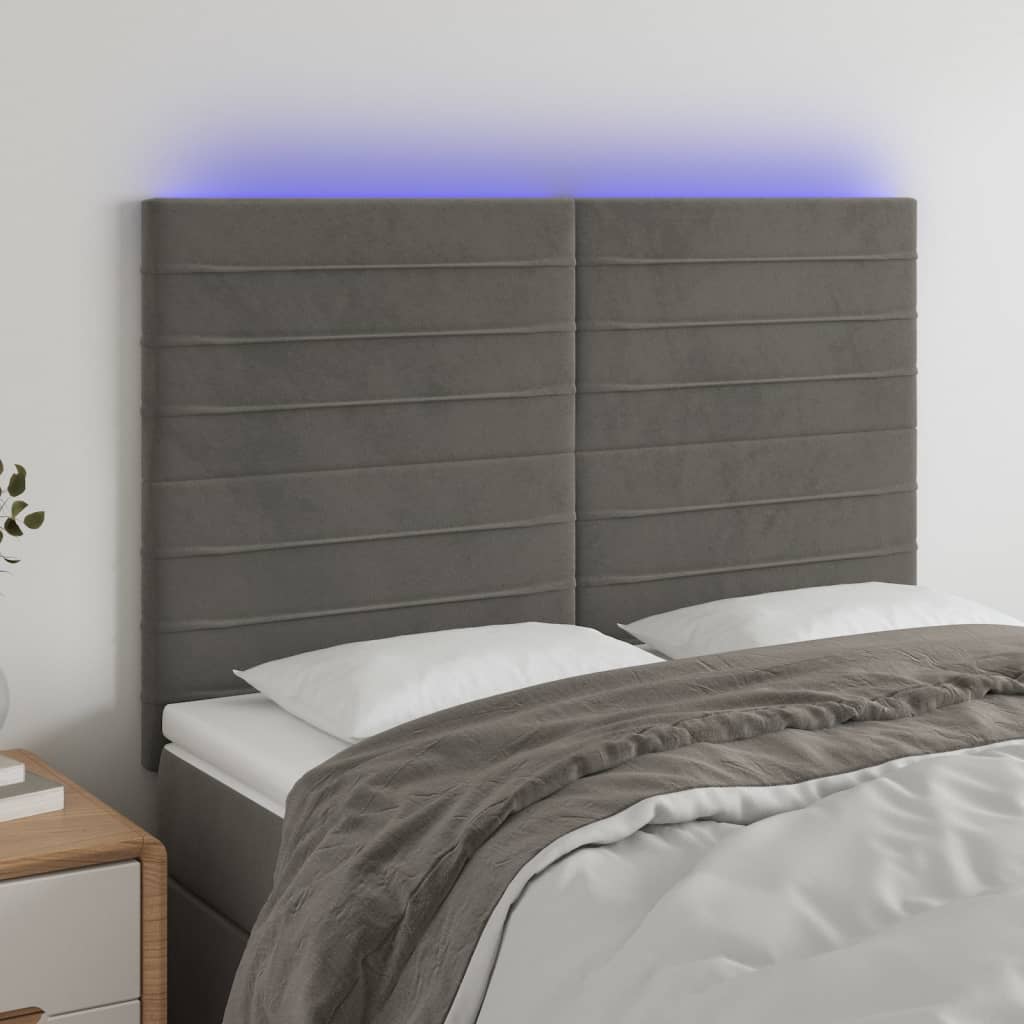 vidaXL Tăblie de pat cu LED, gri închis, 144x5x118/128 cm, catifea vidaXL Tăblie de pat cu LED, gri închis, 144x5x118/128 cm, catifea