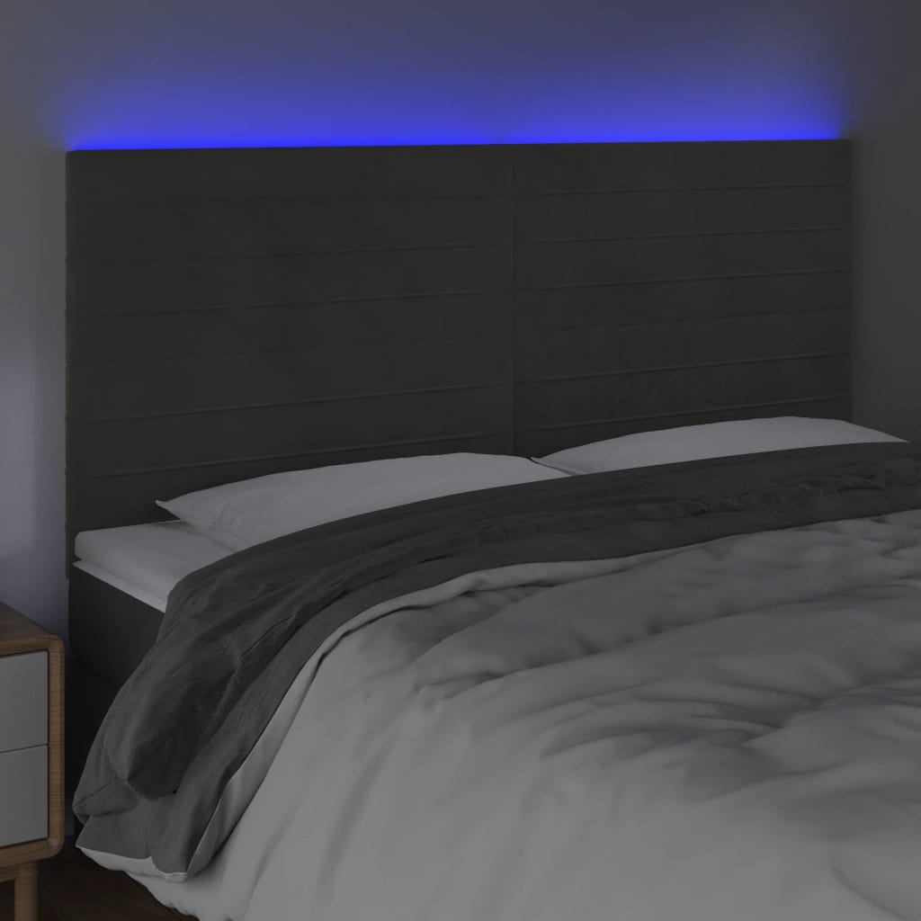 vidaXL Tăblie de pat cu LED, gri închis, 180x5x118/128 cm, catifea vidaXL Tăblie de pat cu LED, gri închis, 180x5x118/128 cm, catifea