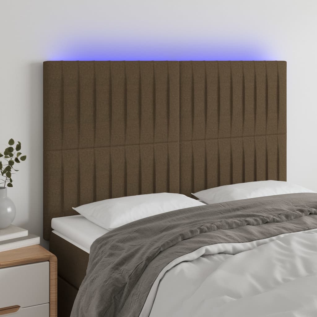 vidaXL Tăblie de pat cu LED, maro închis, 144x5x118/128 cm, textil vidaXL Tăblie de pat cu LED, maro închis, 144x5x118/128 cm, textil