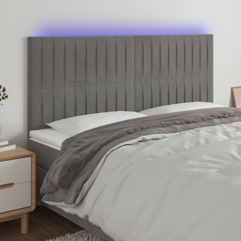 vidaXL Tăblie de pat cu LED, gri deschis, 180x5x118/128 cm, catifea vidaXL Tăblie de pat cu LED, gri deschis, 180x5x118/128 cm, catifea