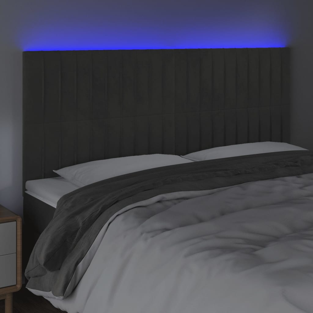 vidaXL Tăblie de pat cu LED, gri închis, 200x5x118/128 cm, catifea vidaXL Tăblie de pat cu LED, gri închis, 200x5x118/128 cm, catifea