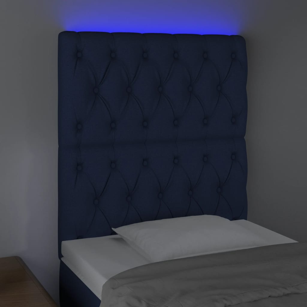 vidaXL Tăblie de pat cu LED, albastru, 80x7x118/128 cm, textil
