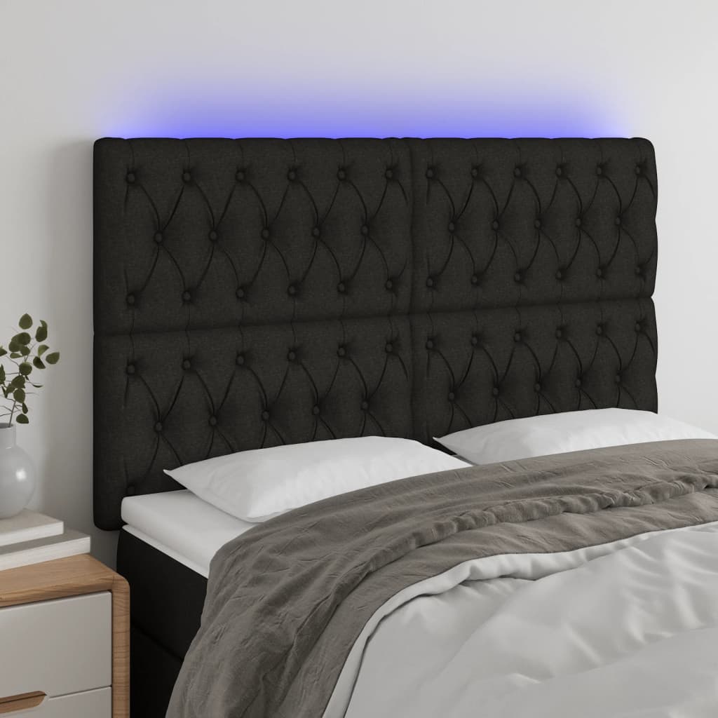 vidaXL Tăblie de pat cu LED, negru, 144x5x118/128 cm, textil vidaXL Tăblie de pat cu LED, negru, 144x5x118/128 cm, textil