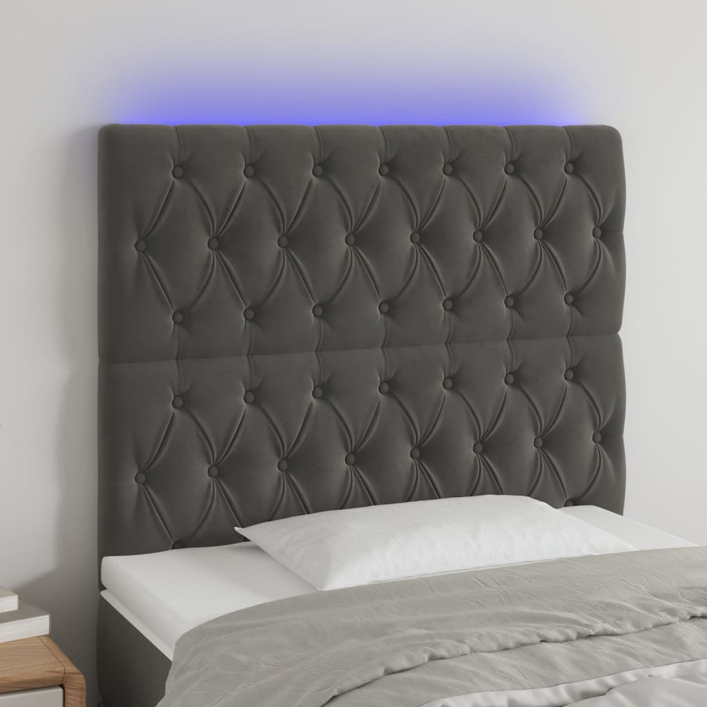 vidaXL Tăblie de pat cu LED, gri închis, 90x7x118/128 cm, catifea vidaXL Tăblie de pat cu LED, gri închis, 90x7x118/128 cm, catifea