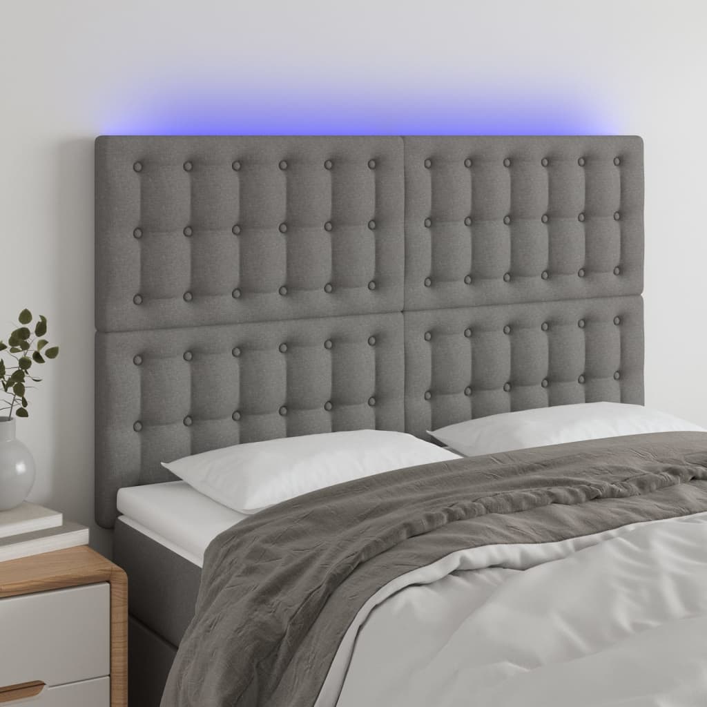 vidaXL Tăblie de pat cu LED, gri închis, 144x5x118/128 cm, textil vidaXL Tăblie de pat cu LED, gri închis, 144x5x118/128 cm, textil