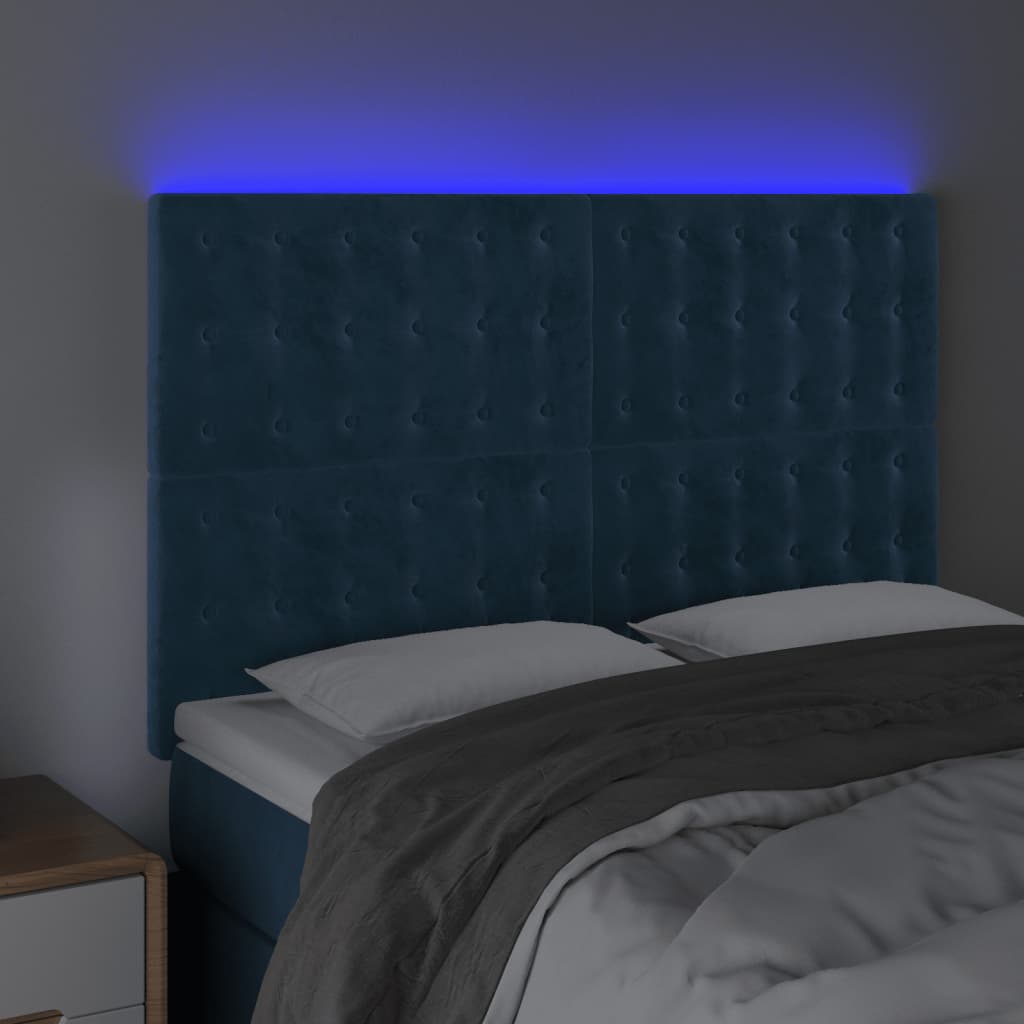 vidaXL Tăblie de pat cu LED, albastru închis, 144x5x118/128cm, catifea