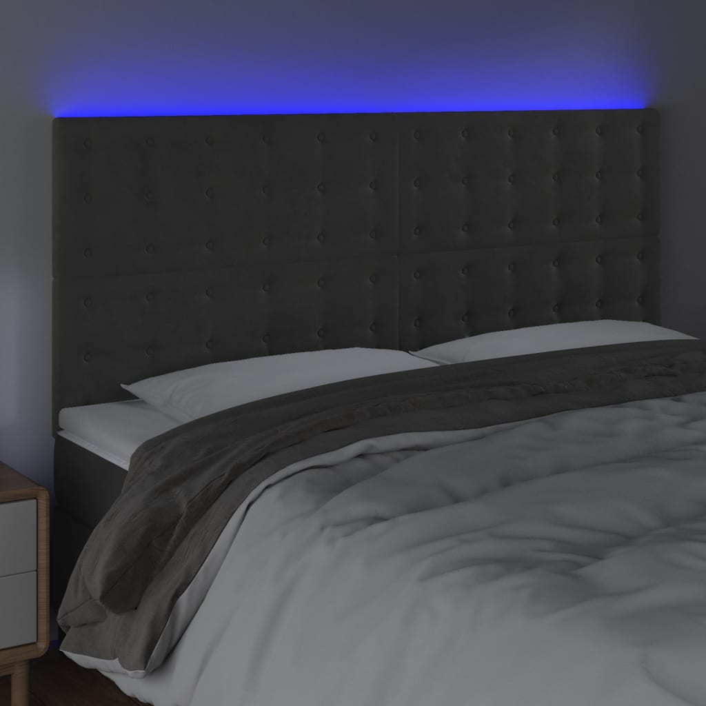 vidaXL Tăblie de pat cu LED, gri închis, 160x5x118/128 cm, catifea vidaXL Tăblie de pat cu LED, gri închis, 160x5x118/128 cm, catifea