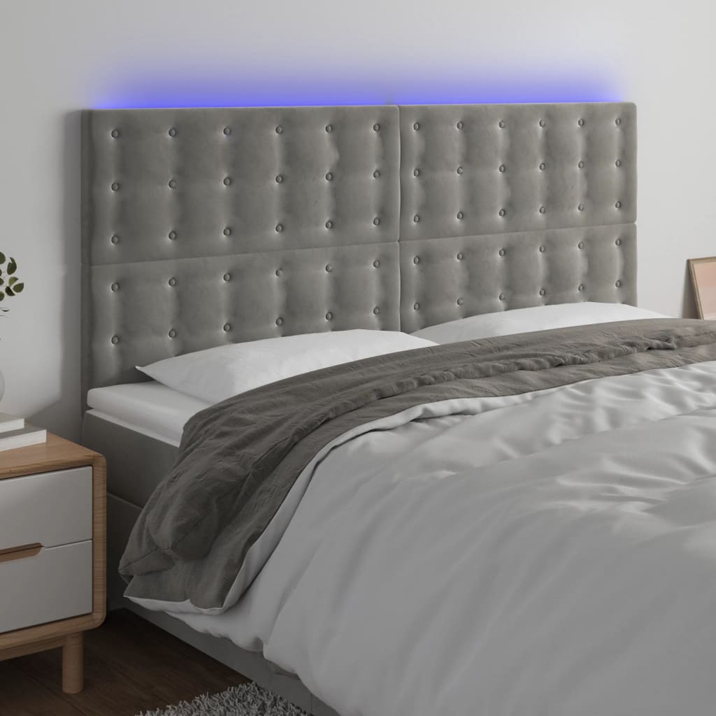 vidaXL Tăblie de pat cu LED, gri deschis, 200x5x118/128 cm, catifea vidaXL Tăblie de pat cu LED, gri deschis, 200x5x118/128 cm, catifea