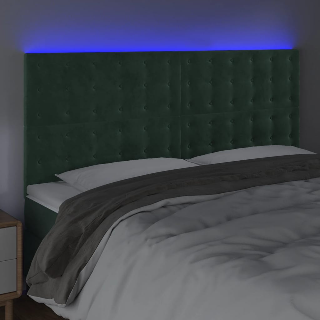 vidaXL Tăblie de pat cu LED, verde închis, 200x5x118/128 cm, catifea vidaXL Tăblie de pat cu LED, verde închis, 200x5x118/128 cm, catifea