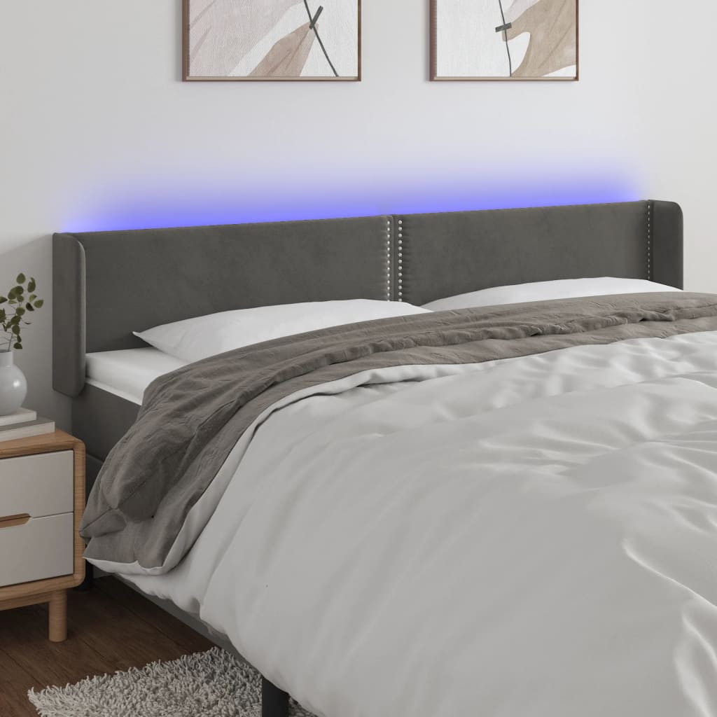vidaXL Tăblie de pat cu LED gri închis 183x16x78/88 cm catifea vidaXL Tăblie de pat cu LED gri închis 183x16x78/88 cm catifea