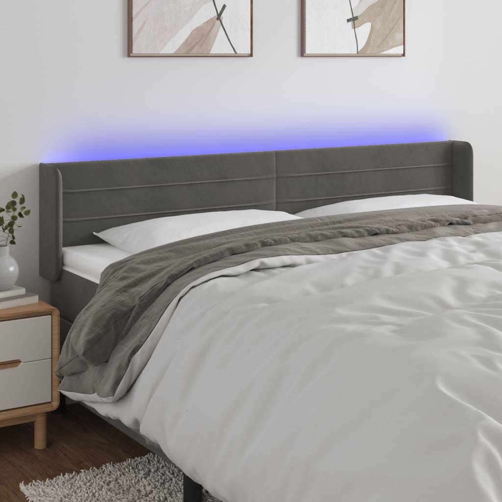 vidaXL Tăblie de pat cu LED gri închis 183x16x78/88 cm catifea vidaXL Tăblie de pat cu LED gri închis 183x16x78/88 cm catifea